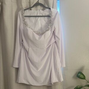 White Long Sleeve Velvet Dress with Floral Rhinestone Embellishments